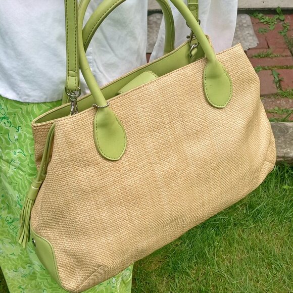 Etienne Aigner Handbags - Etienne Aigner Straw Bag Lime Green Leather Trim Fringe Tassel & Charms